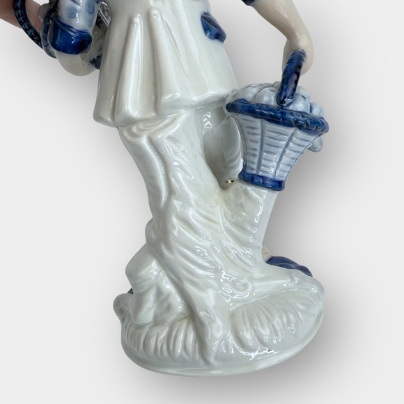 Vintage Blue White Porcelain Figurine Boy Carrying Two Fruit Baskets Gold Trim - Picture 9 of 15